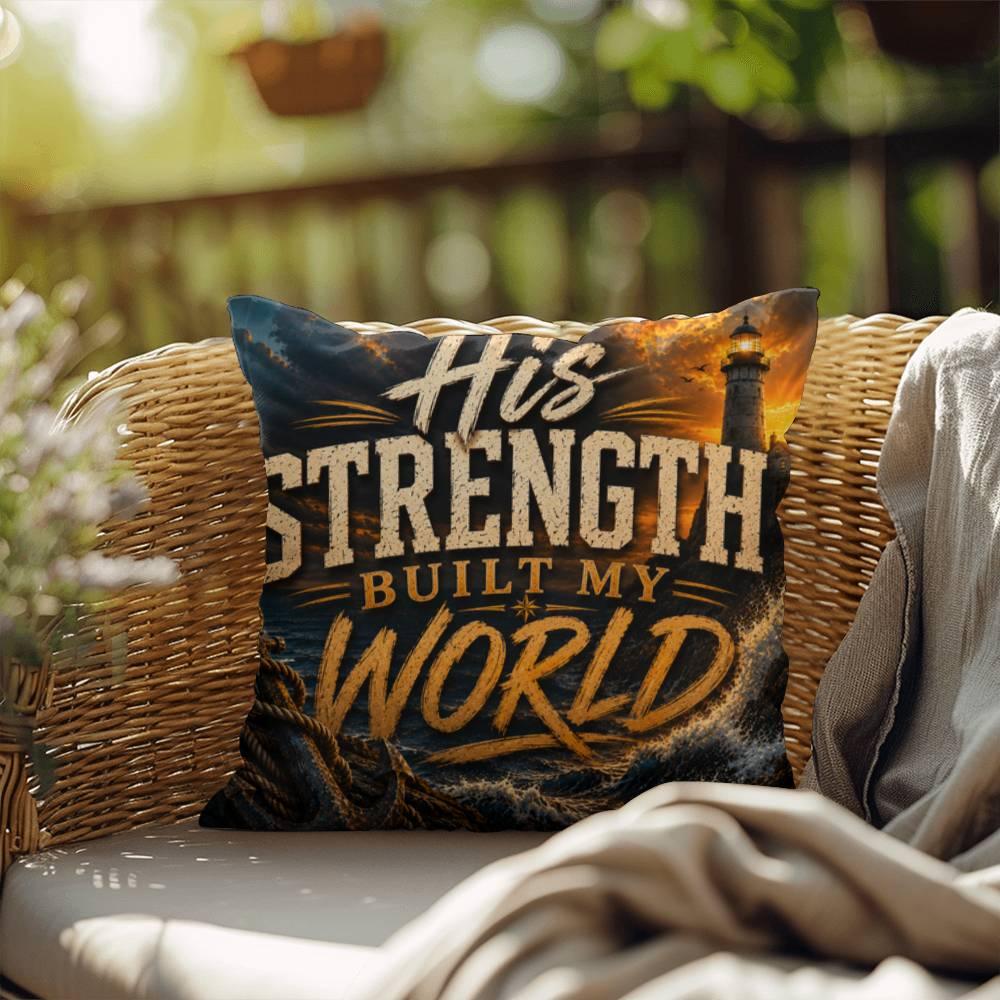 Shop our premium his strength built my world throw pillow from MySisterIsASurvivor.