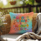 Custom affirmation pillow with “Mood Swings & Magic Things” in playful font and bright retro tones for whimsical emotional support