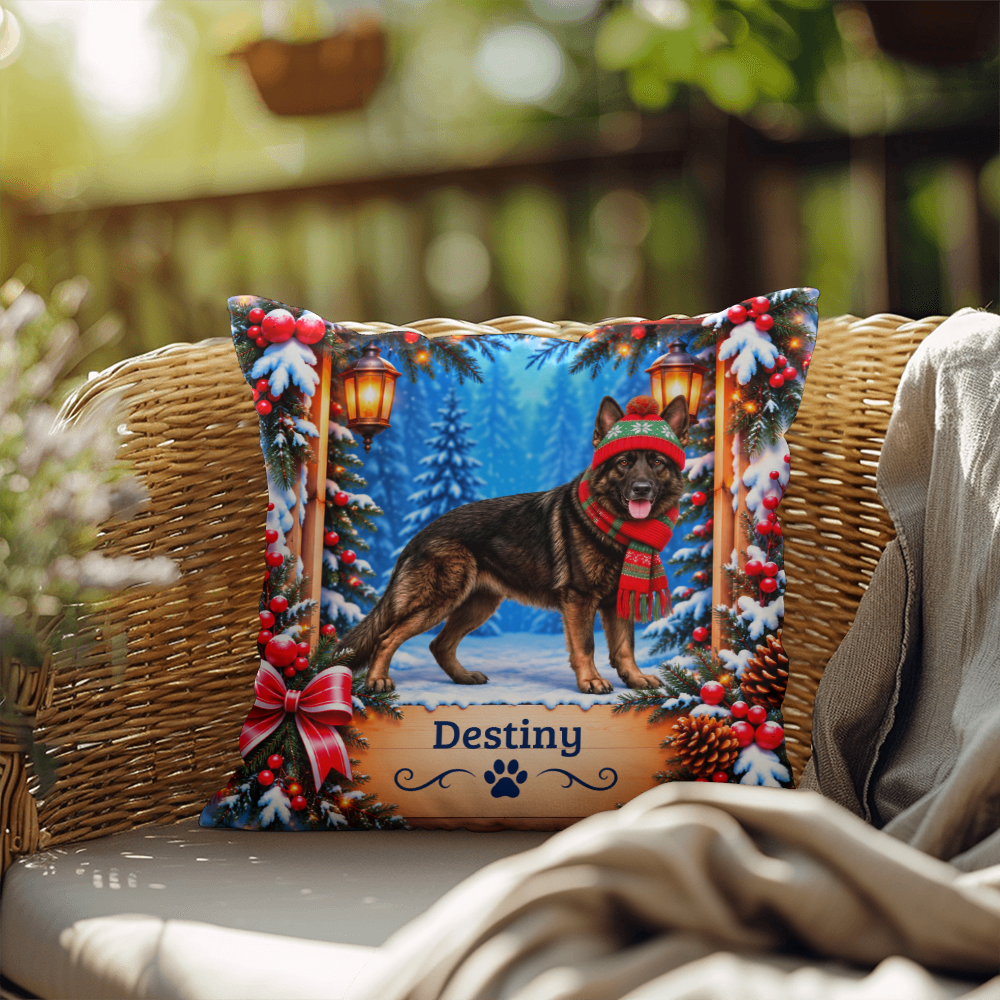 German Shepherd (Dark Sable Coat) - Personalized Woodland Name Pillow, Winter Gift for GSD Owners