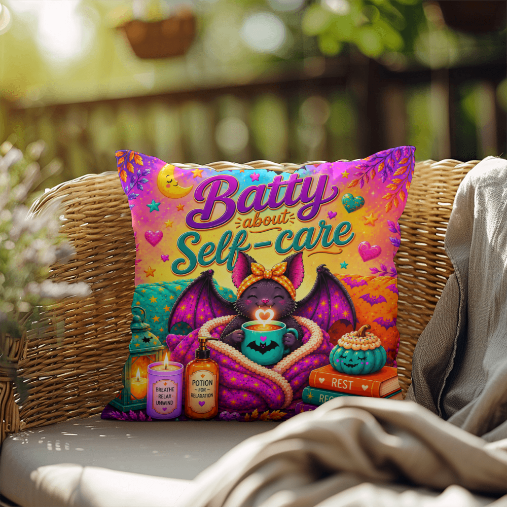 Batty About Self-Care quote with smiling bat illustration on a Halloween pillow focused on daily wellness