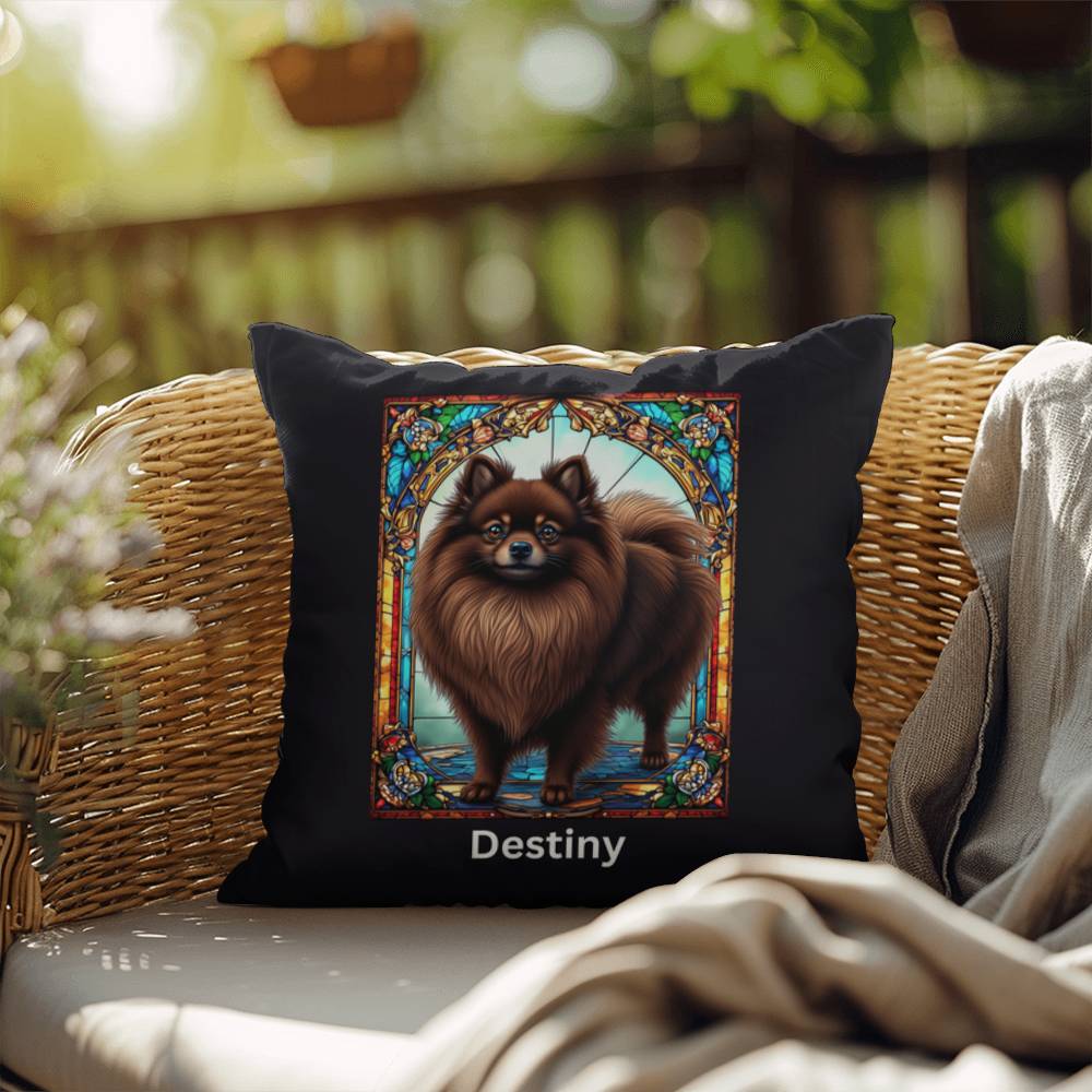 Pomeranian (Chocolate) Indoor/Outdoor Pillow - Personalized Stained Glass Dog Tribute & Comfort Gift