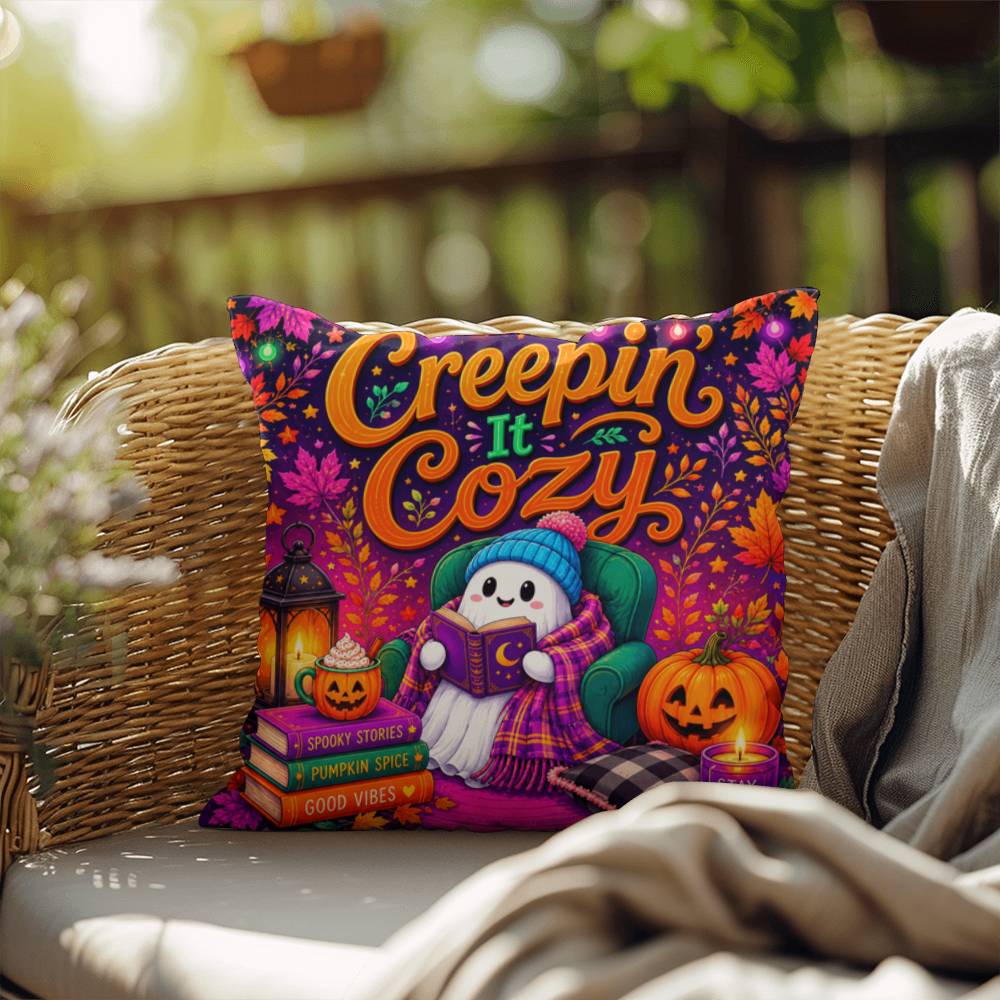 Creepin It Cozy Halloween Throw Pillow - Spooky Stories Pumpkin Spice Good Vibes