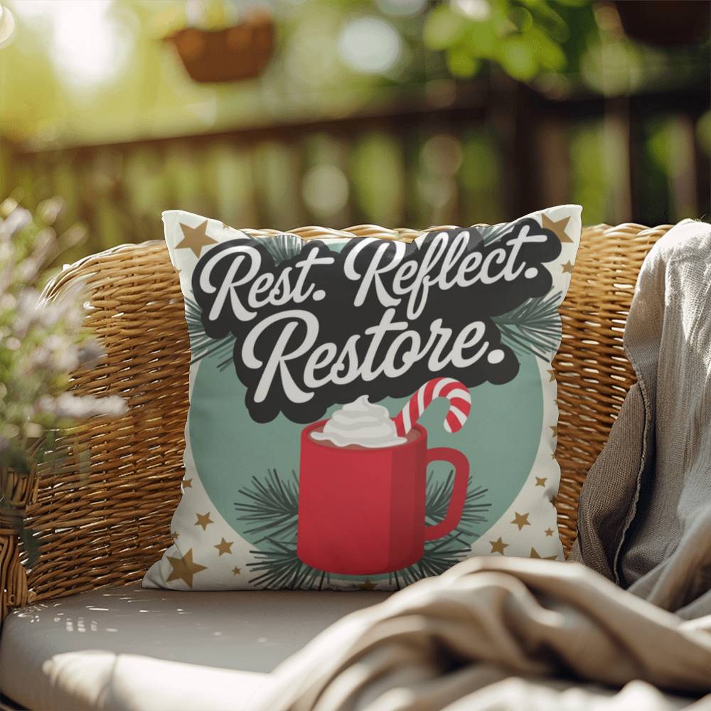 Rest. Reflect. Restore Throw Pillow - Peaceful Christmas pillow for rest and mindfulness