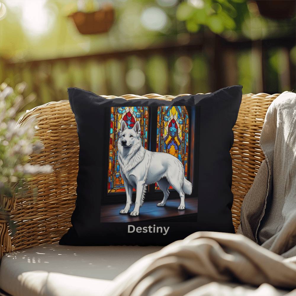 German Shepherd (White) Indoor/Outdoor Pillow - Personalized Stained Glass Dog Tribute & Comfort Gift