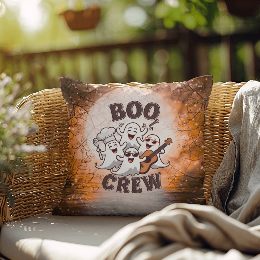 Halloween-themed indoor/outdoor throw pillow with “Boo Crew,” perfect for spooky home décor