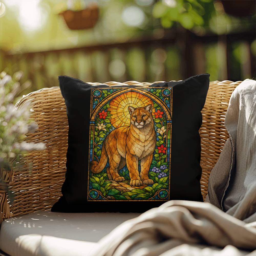 Shop our premium cougar mountain lion stained glass style throw pillow from MySisterIsASurvivor.