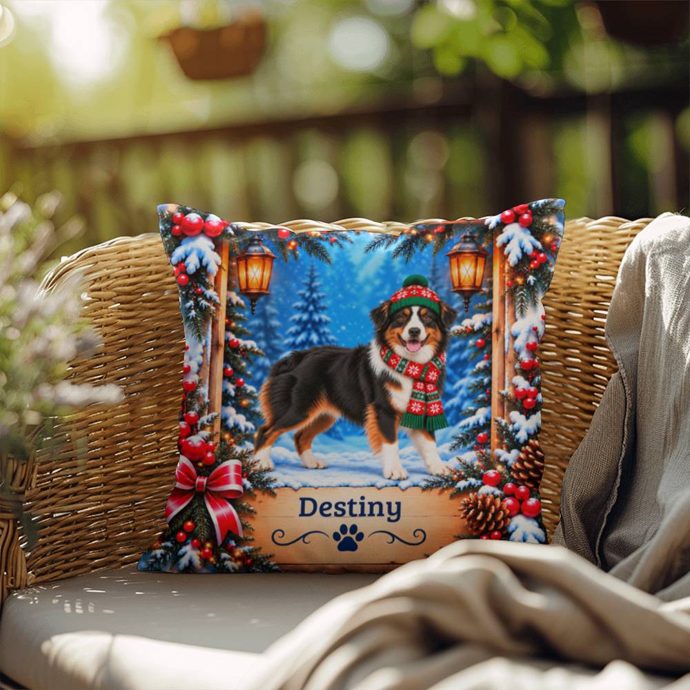 Australian Shepherd (Black Tri-Color Coat) - Personalized Aussie Pillow, Snowy Cabin Companion Gift