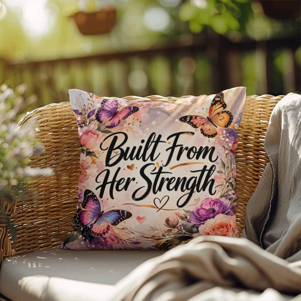 Shop our premium built from her strength throw pillow from MySisterIsASurvivor.