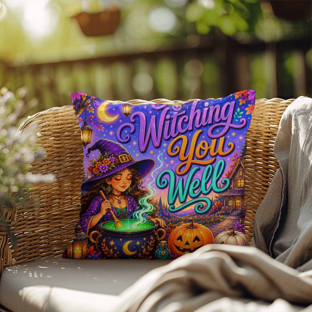 Witching You Well Halloween Throw Pillow - Witch Cauldron Moon Fall Pillow