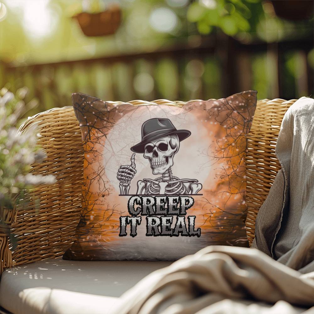 Funny Halloween indoor/outdoor pillow with “Creep It Real” for seasonal humor and décor