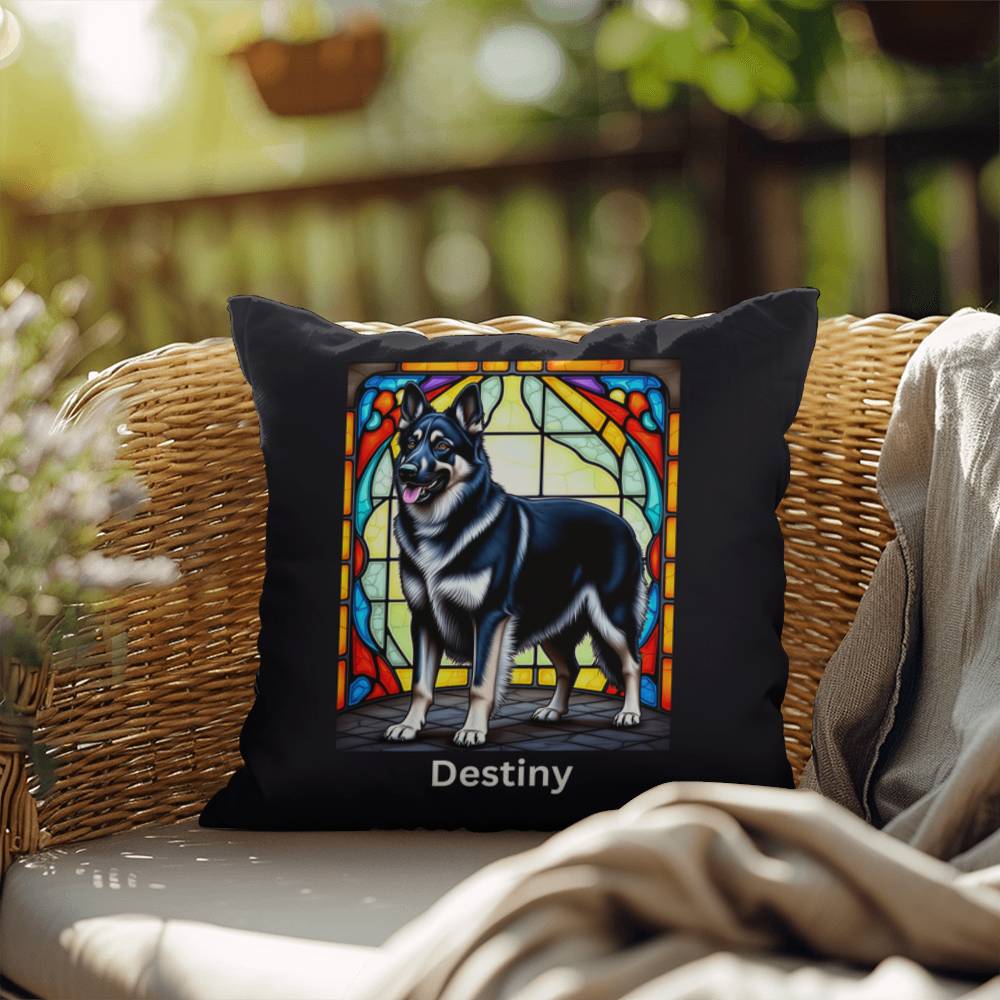 German Shepherd (Black and Silver) Indoor/Outdoor Pillow - Personalized Stained Glass Dog Tribute & Comfort Gift