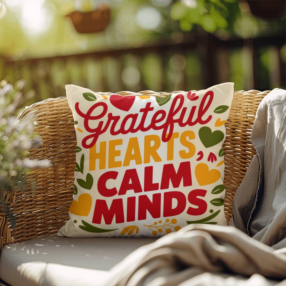 Grateful Hearts, Calm Minds pillow in bright fall tones with Thanksgiving gratitude and mindfulness quote