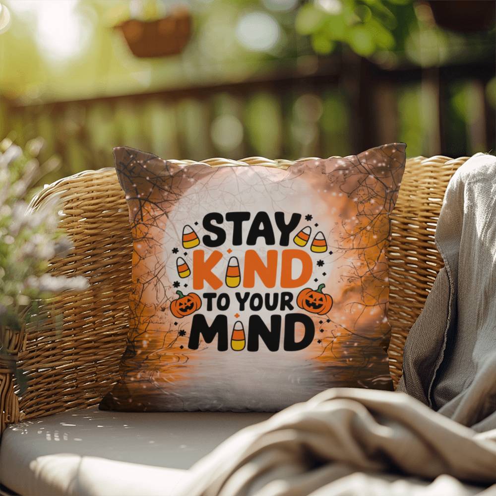 Indoor/outdoor throw pillow with “Stay Kind To Your Mind” promoting mental wellness