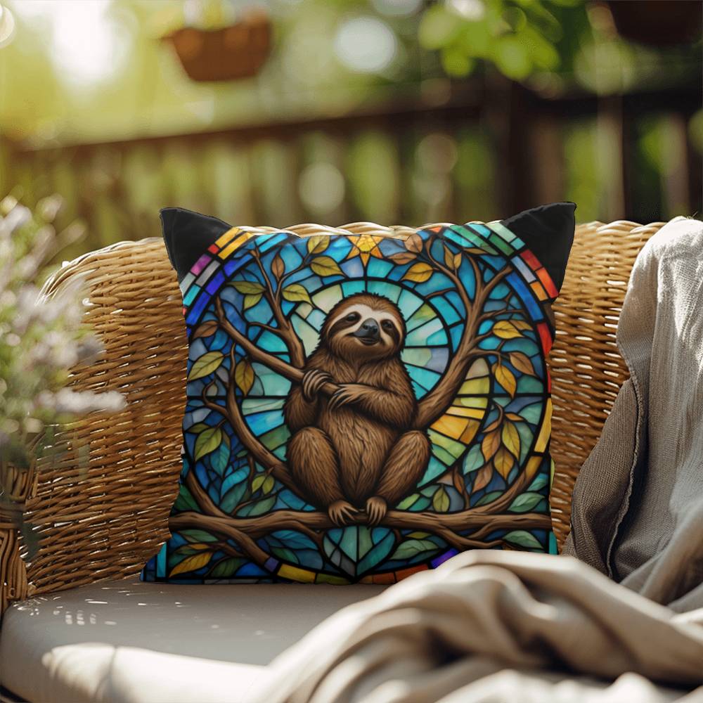 Sloth stained glass throw pillow, jungle animal decor, indoor outdoor cozy home accent