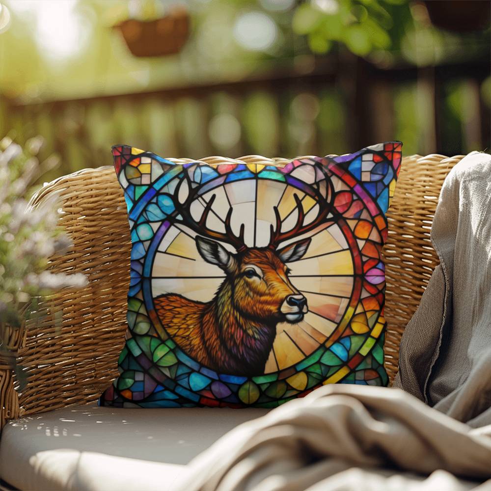 Deer stained glass throw pillow, woodland wildlife decor, indoor outdoor cozy home accent