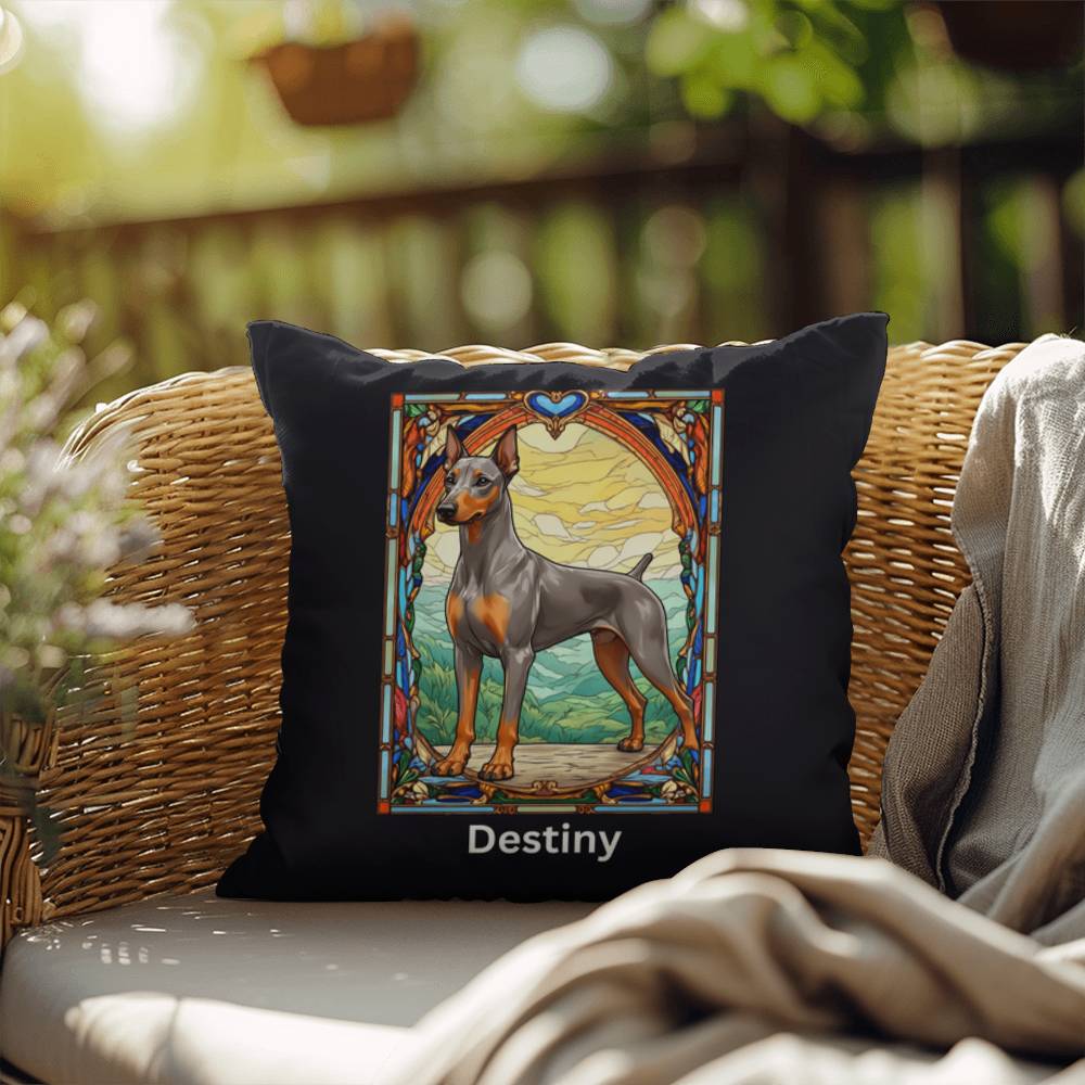 Doberman Pinscher (Fawn [Isabella] & Rust) Indoor/Outdoor Pillow - Personalized Stained Glass Dog Tribute & Comfort Gift
