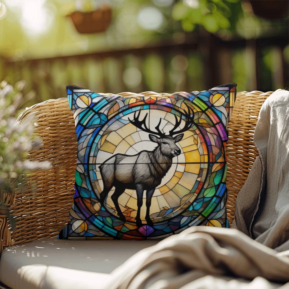 Reindeer stained glass throw pillow, holiday wildlife decor, indoor outdoor accent cushion