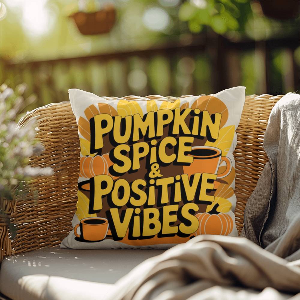 Pumpkin Spice & Positive Vibes pillow with autumn mindfulness message and cozy seasonal décor