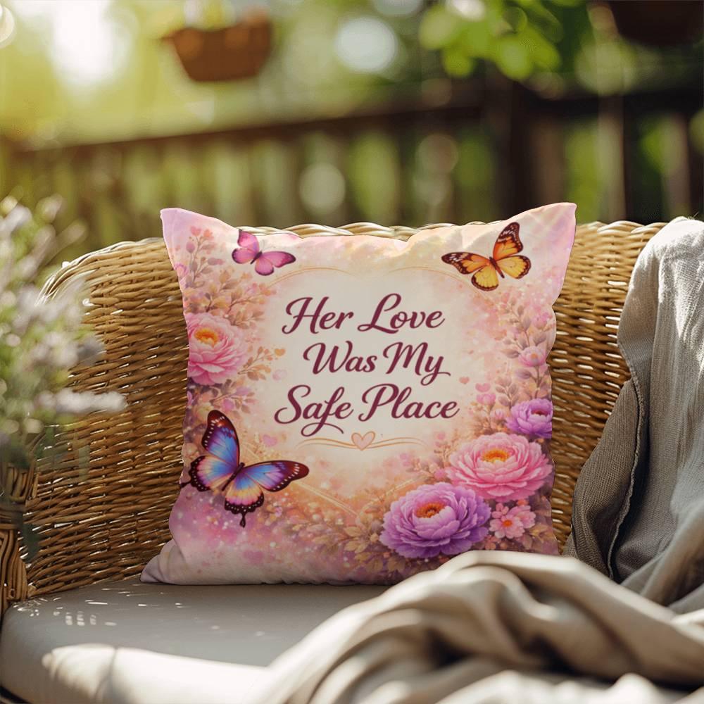 Shop our premium her love was my safe place throw pillow from MySisterIsASurvivor.