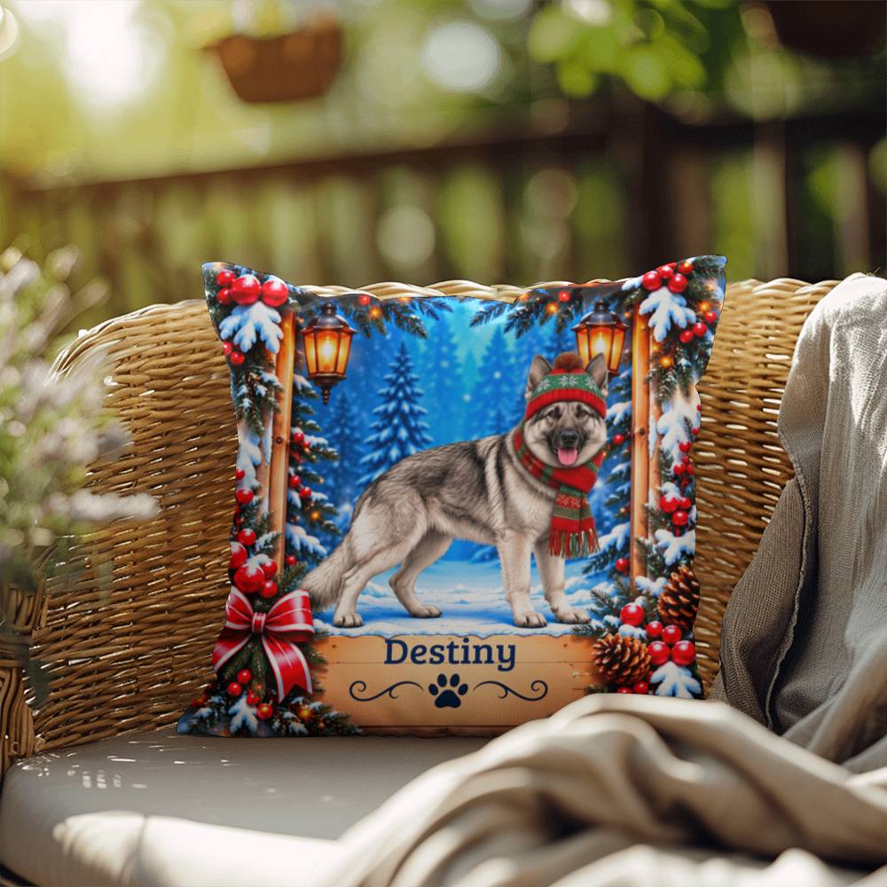 German Shepherd (Silver Sable Coat) - Personalized Snowy Forest Pillow, Custom Name Winter Gift - MySisterIsAsurvor