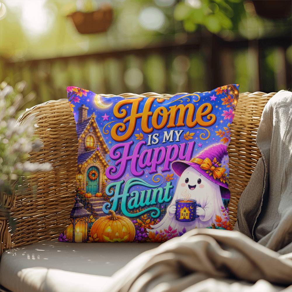 Home Is My Happy Haunt design with cozy ghost house artwork on a Halloween throw pillow