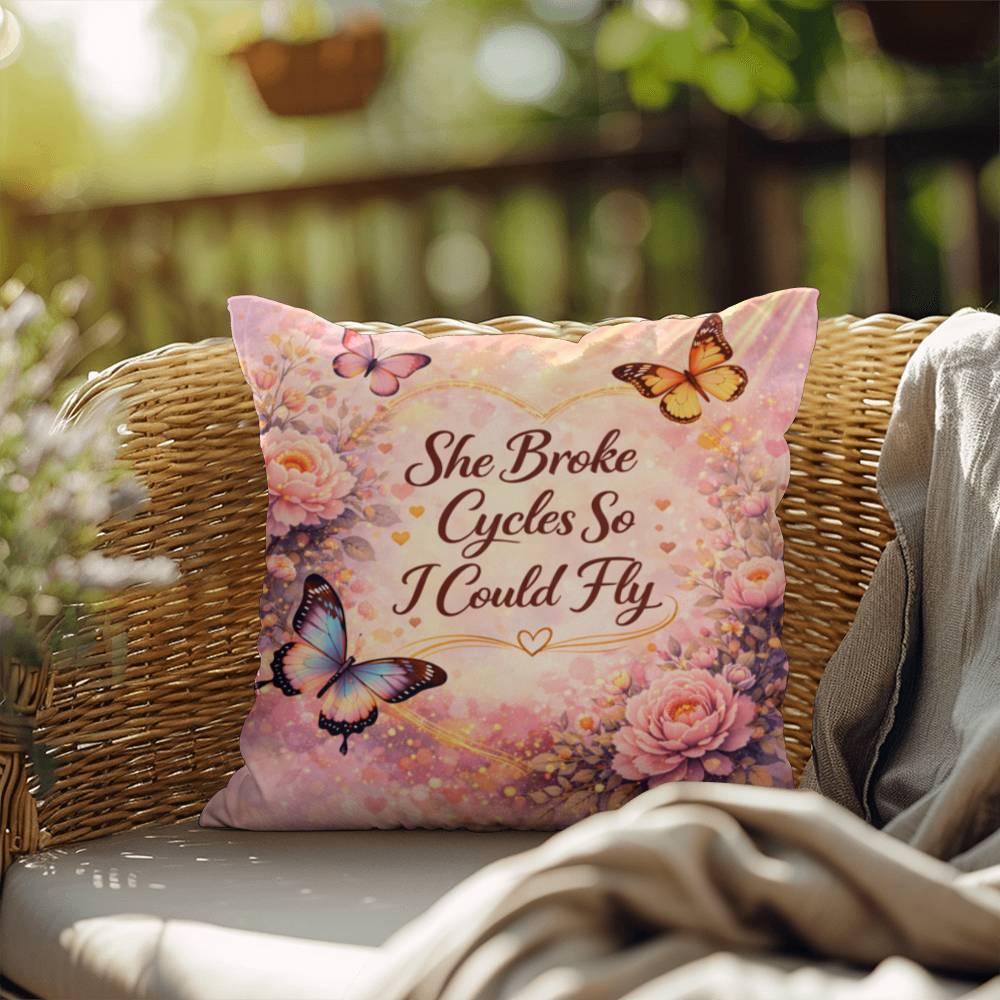 Shop our premium she broke cycles so i could fly throw pillow from MySisterIsASurvivor.