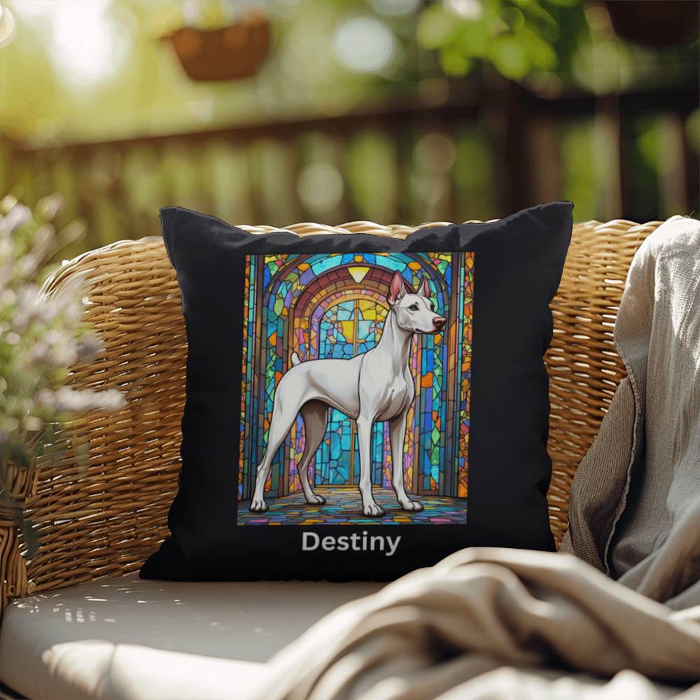 Doberman Pinscher (White) Indoor/Outdoor Pillow - Personalized Stained Glass Dog Tribute & Comfort Gift