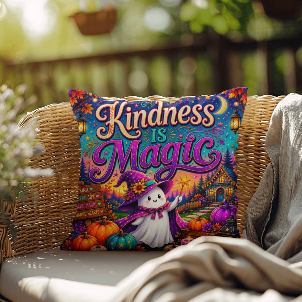 Kindness Is Magic quote with cheerful Halloween artwork on a positive decorative throw pillow