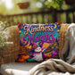 Kindness Is Magic quote with cheerful Halloween artwork on a positive decorative throw pillow