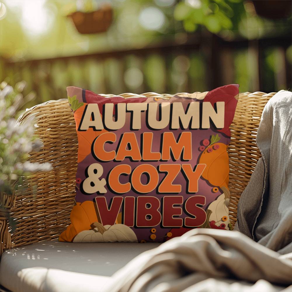 Autumn Calm & Cozy Vibes throw pillow in bright fall colors with mindful quote for Thanksgiving home décor