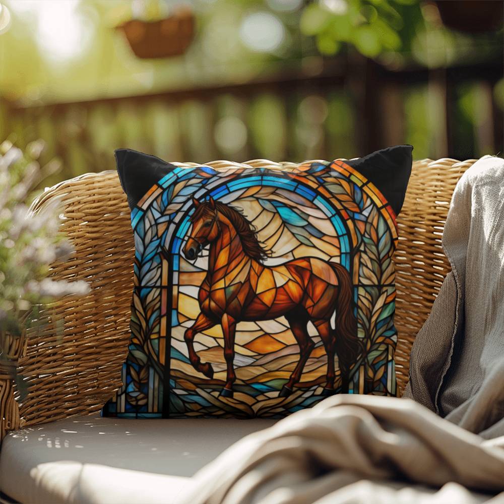 Horse stained glass throw pillow, equestrian animal decor, indoor outdoor cozy home accent