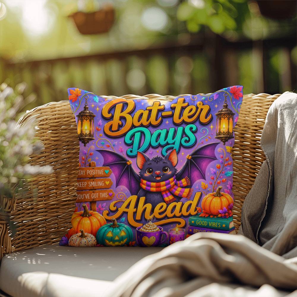 Bat-ter Days Ahead quote with cheerful bat artwork on a colorful Halloween throw pillow with uplifting fall vibes