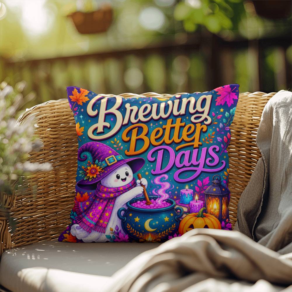 Brewing Better Days Halloween Throw Pillow - Witch Ghost Cauldron Healing Gift