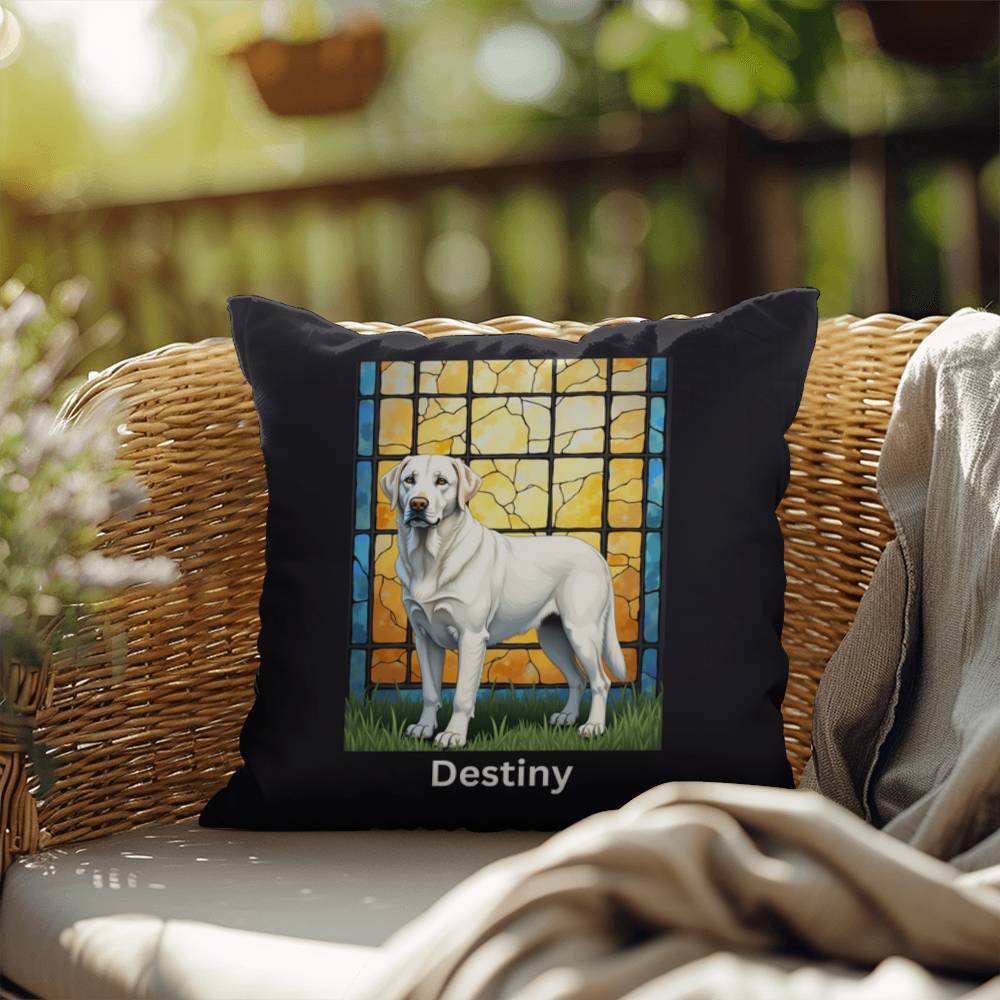 White Labrador Retriever Pillow, custom name stained glass dog décor for pet lovers