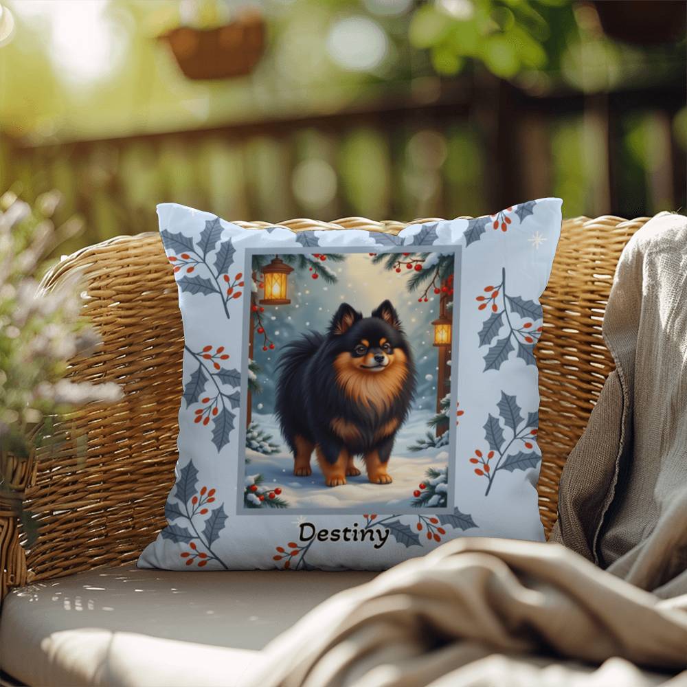 Pomeranian Black & Tan Pillow - Winter Pom throw pillow, festive dog accent, cozy indoor home decor