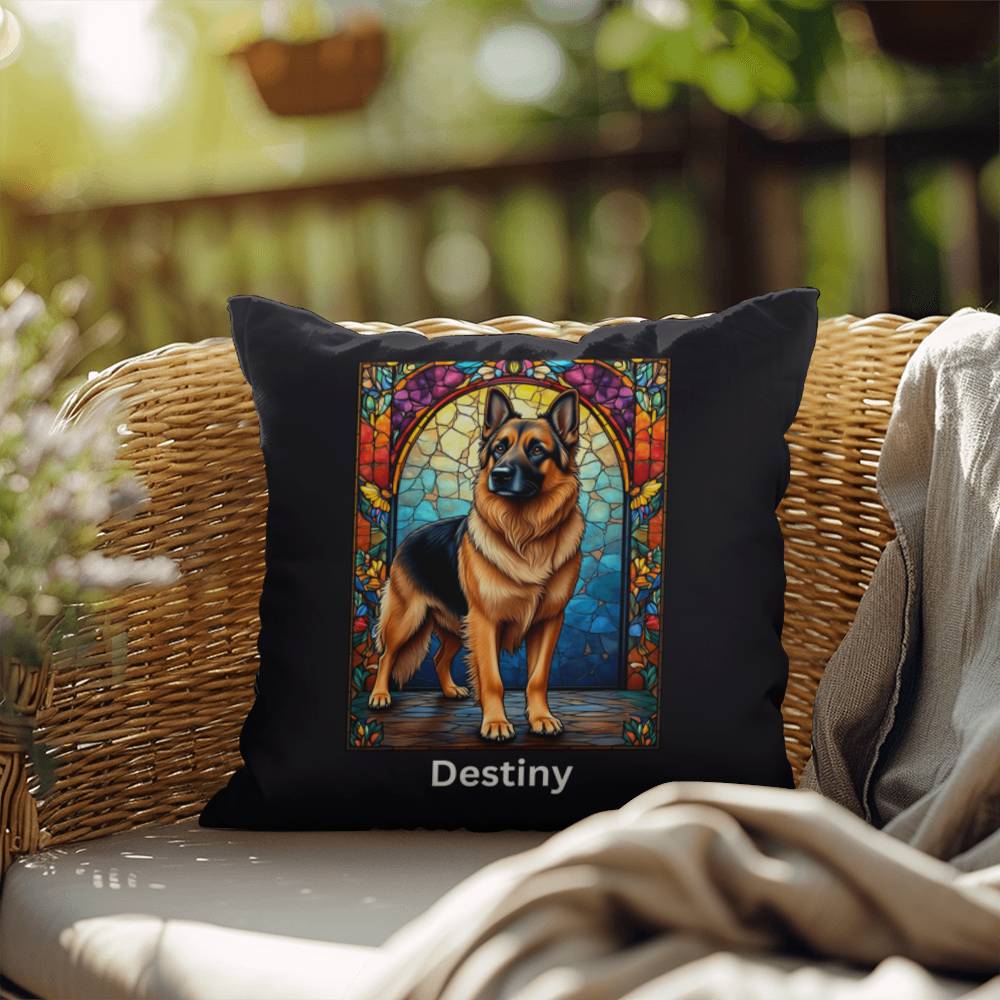 German Shepherd (Black and Tan) Indoor/Outdoor Pillow - Personalized Stained Glass Dog Tribute & Comfort Gift
