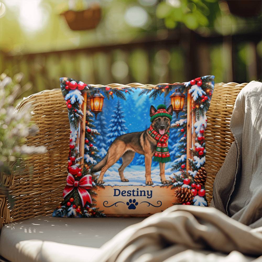 Belgian Malinois (Fawn Sable Coat) - Personalized Winter Forest Pillow, Custom Name Mali Lover Gift