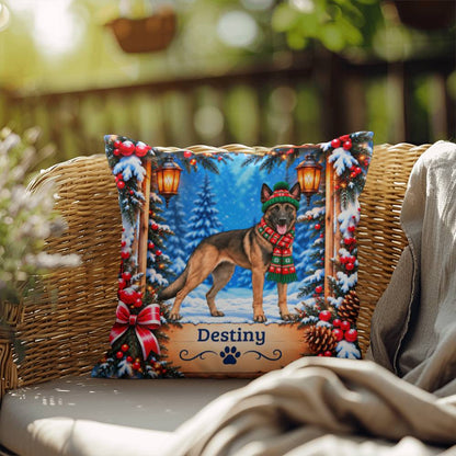 Belgian Malinois (Fawn Sable Coat) - Personalized Winter Forest Pillow, Custom Name Mali Lover Gift
