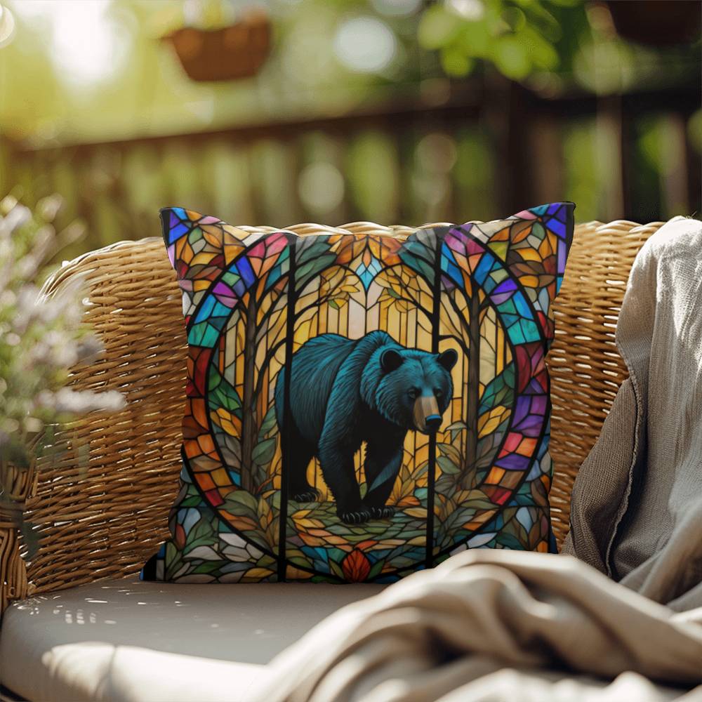 Bear stained glass throw pillow, indoor outdoor wildlife decor, cozy home accent for animal lovers