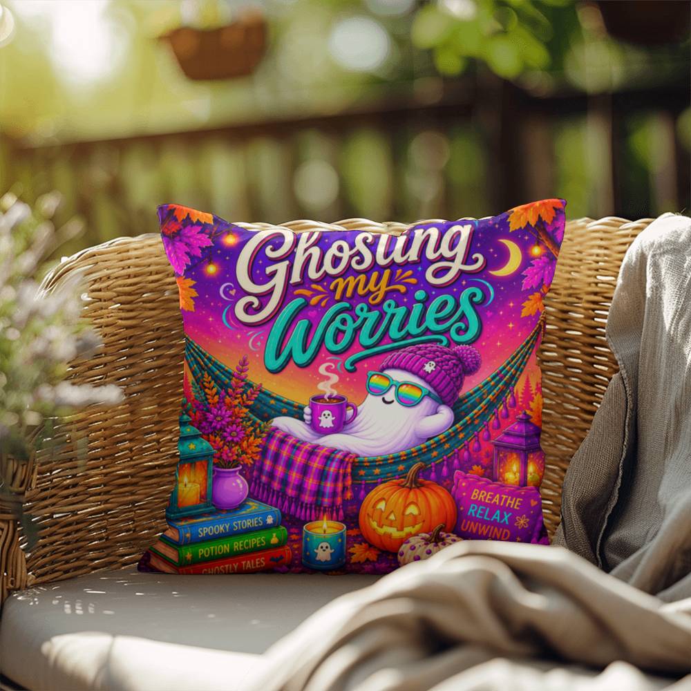 Ghosting My Worries Halloween Throw Pillow - Breathe Relax Unwind Ghost Pillow