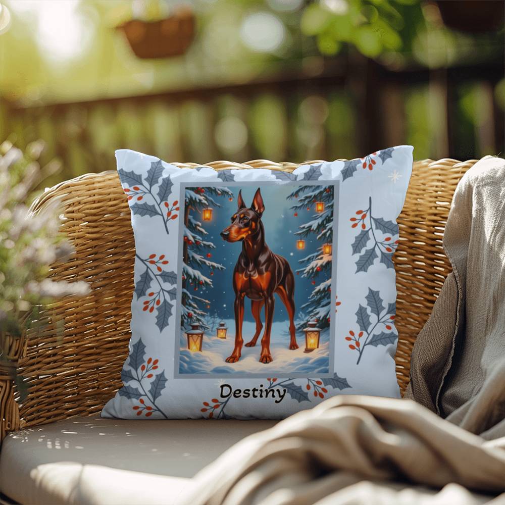 Doberman Red & Rust Pillow - Holiday Doberman throw pillow, festive winter dog decor, indoor cozy accent