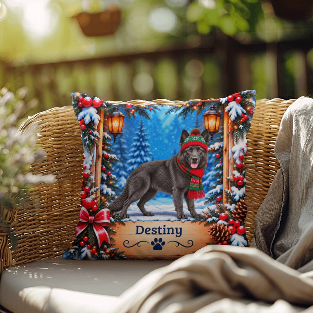 German Shepherd (Solid Blue Steel Coat) - Personalized Woodland Pillow, Custom Name Winter Gift