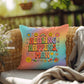 Custom 70s pillow with “Healing Happens, Man” in wavy font and vintage colors, for therapy offices or home wellness spaces