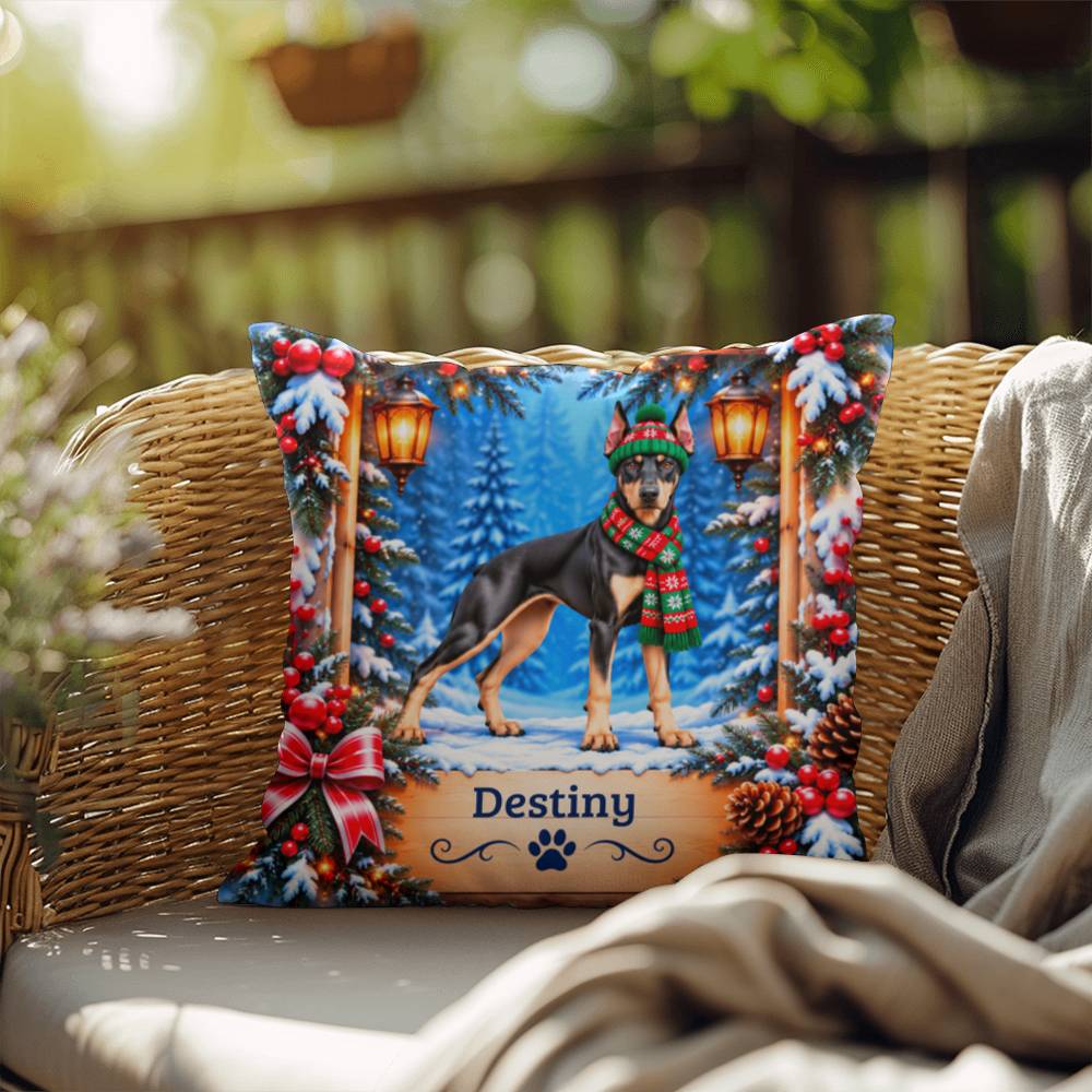 Doberman (Black & Fawn Coat) - Personalized Winter Home Decor, Custom Name Throw Pillow