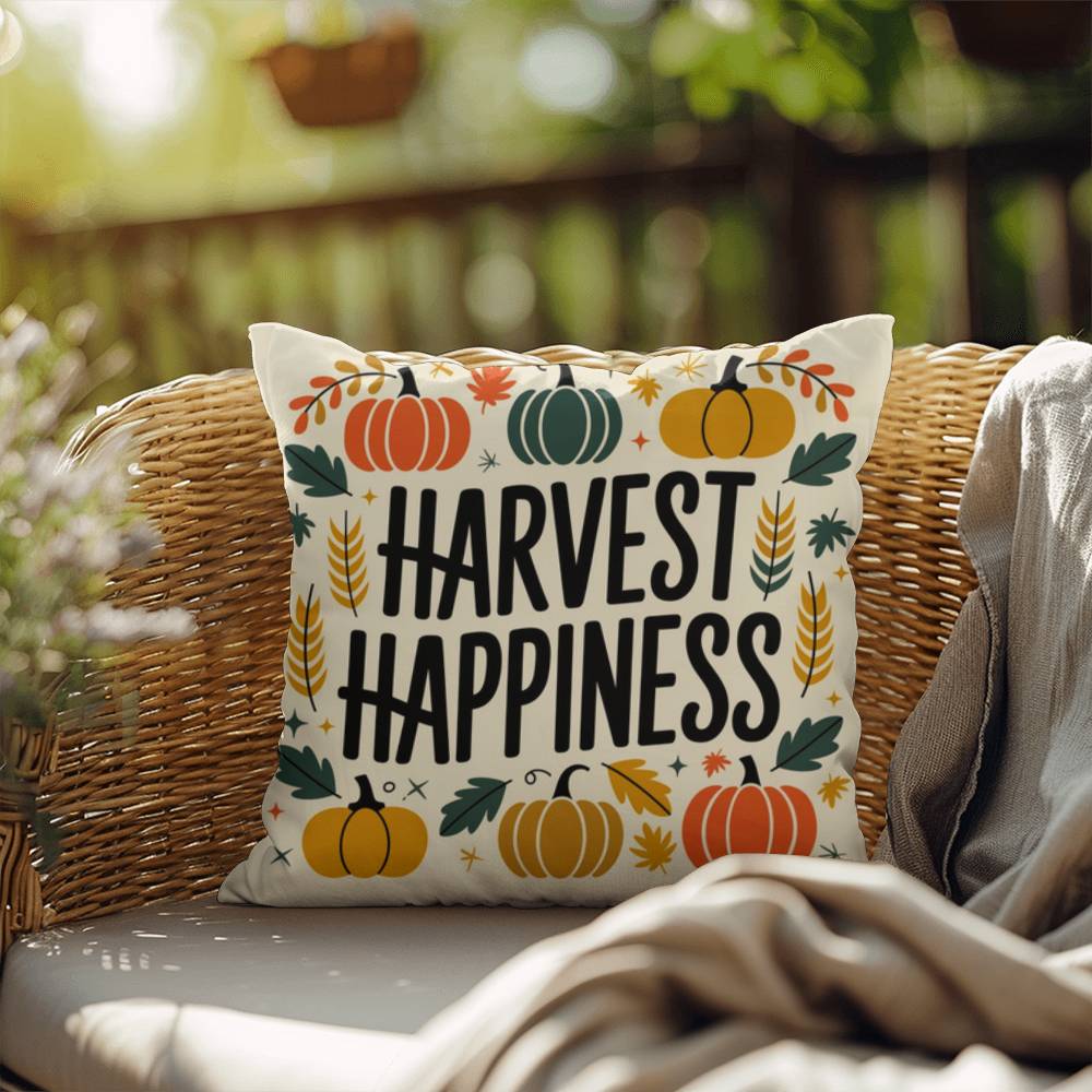 Harvest Happiness throw pillow with fall mindfulness quote, cozy colors and seasonal home décor