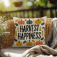 Harvest Happiness throw pillow with fall mindfulness quote, cozy colors and seasonal home décor