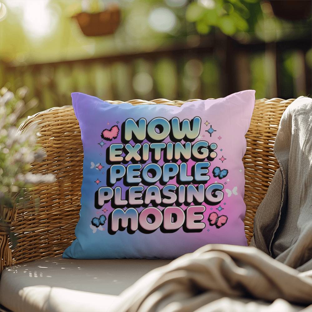Custom Y2K pillow featuring "Now Exiting: People Pleasing Mode" in retro digital font with sparkles and butterflies on a bright white backdrop