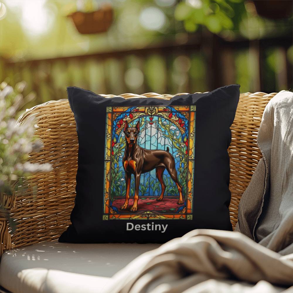 Doberman Pinscher (Brown & Rust) Indoor/Outdoor Pillow - Personalized Stained Glass Dog Tribute & Comfort Gift
