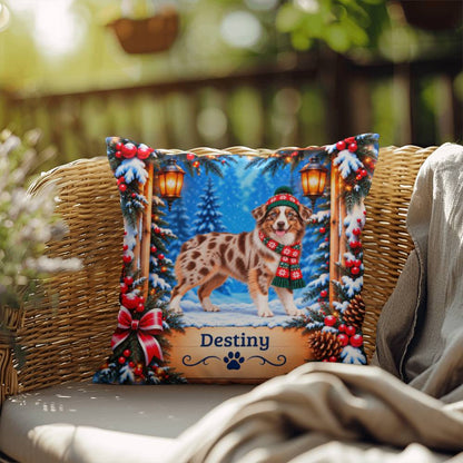 Australian Shepherd (Red Merle Tri, Blue Eyes) - Personalized Throw Pillow, Cozy Winter Dog Gift