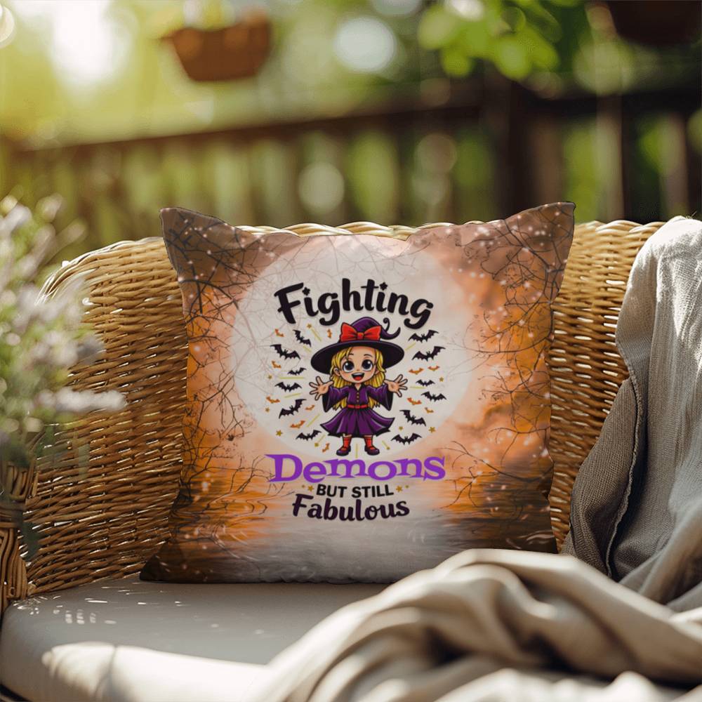 Halloween indoor/outdoor pillow with “Fighting Demons but still” for mental health and resilience